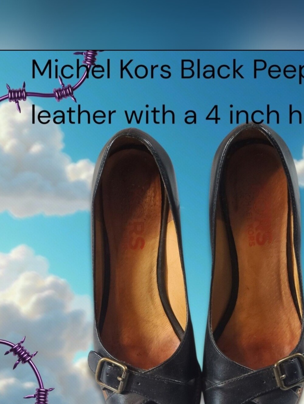Michael Kors Womens Black Leather Peep-Toe Wedge Heels - Size 6M Buckle Accent